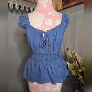 Old Navy Light Denim Eyelet Peasant Top